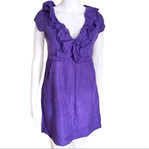 REBECCA TAYLOR V Cut Cocktail Dress With Ruffle Detail & Cap Sleeves Purple Sz 2